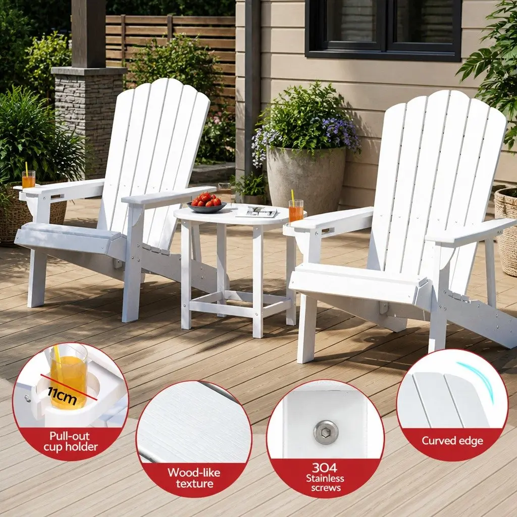 Adirondack Chairs Side Table Set HDPE Outdoor Furniture White 3 Piece