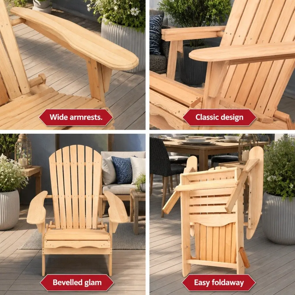 Adirondack Chair Wooden Foldable Light Wood Tone Outdoor Furniture