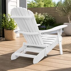 Adirondack Sun Lounge Chair Wooden Foldable Patio Furniture White with Ottoman