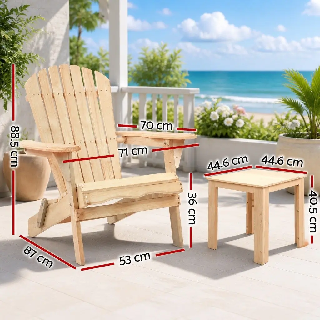 Adirondack Outdoor Table and Chairs Set Wooden Foldable Light Wood Tone 3 Piece