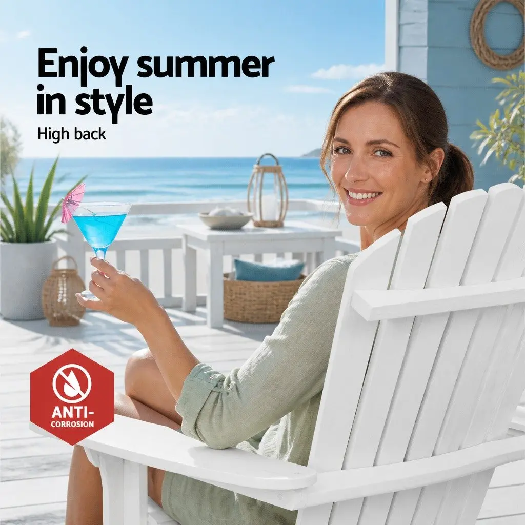 3 Piece Adirondack Outdoor Chair and Side Table Set Foldable Wooden White