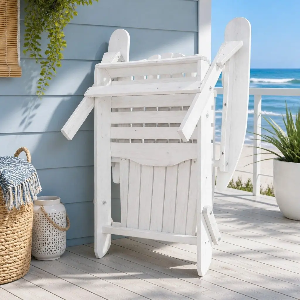 3 Piece Adirondack Outdoor Chair and Side Table Set Foldable Wooden White