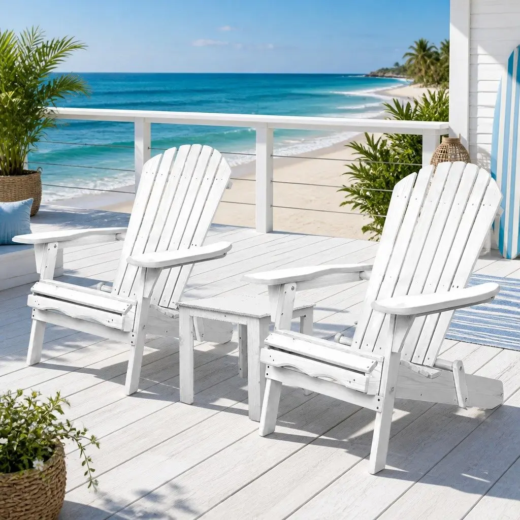 3 Piece Adirondack Outdoor Chair and Side Table Set Foldable Wooden White
