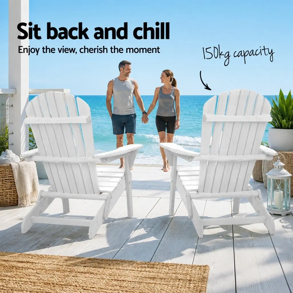 3 Piece Adirondack Outdoor Chair and Side Table Set Foldable Wooden White