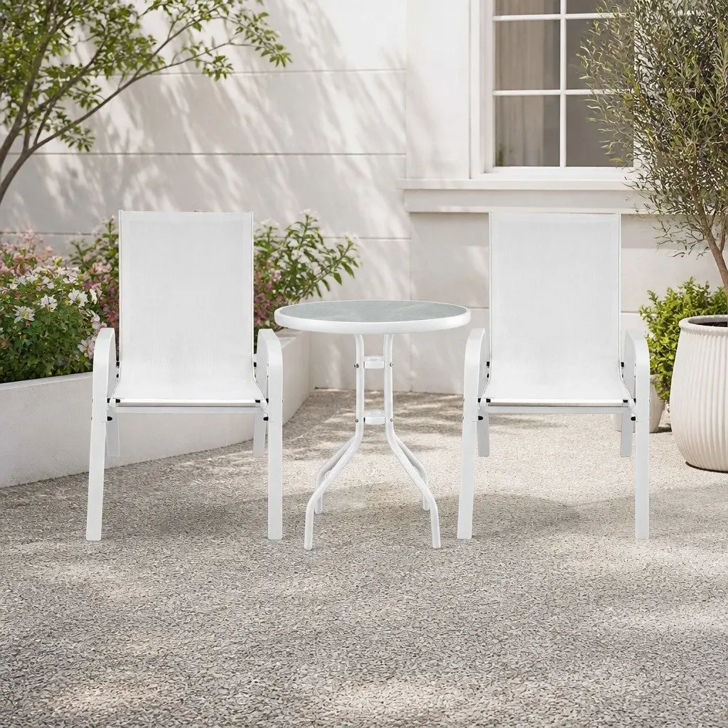 3PC Outdoor Dining Set Steel Textilene Fabric White Stackable Chairs Tempered Glass Table