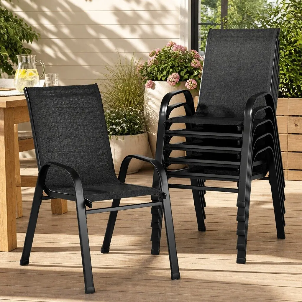 Outdoor Dining Chairs Steel Textilene Fabric 56cm x 70cm x 90cm Black 6 Piece