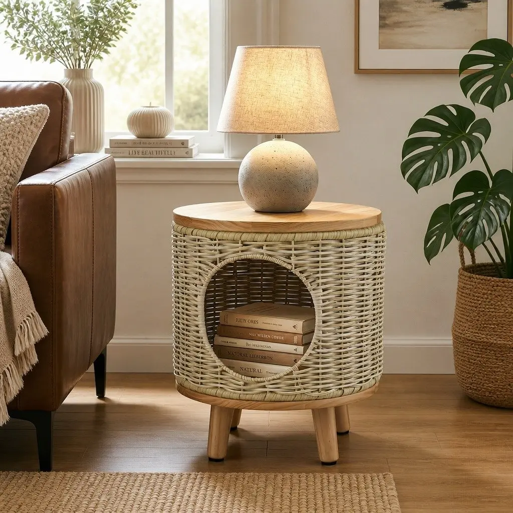 Wicker Side Table with Durable Steel Frame