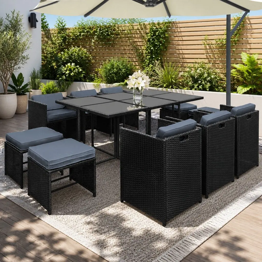 Outdoor Dining Set Wicker 11 Piece Black Grey
