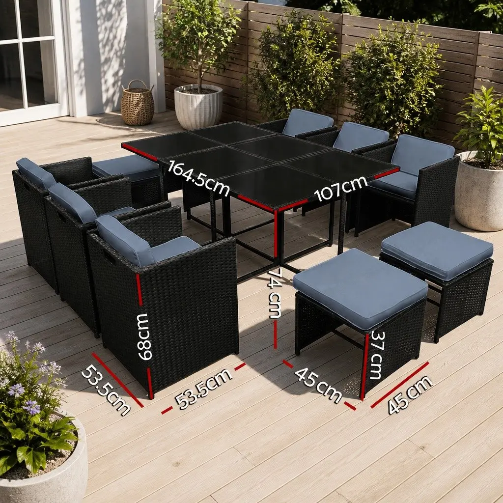 Outdoor Dining Set Wicker 11 Piece Black Grey