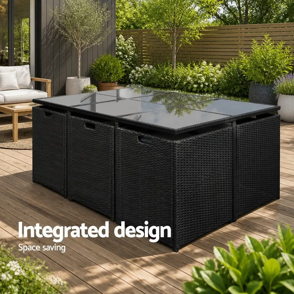 Outdoor Dining Set Wicker 11 Piece Black Grey