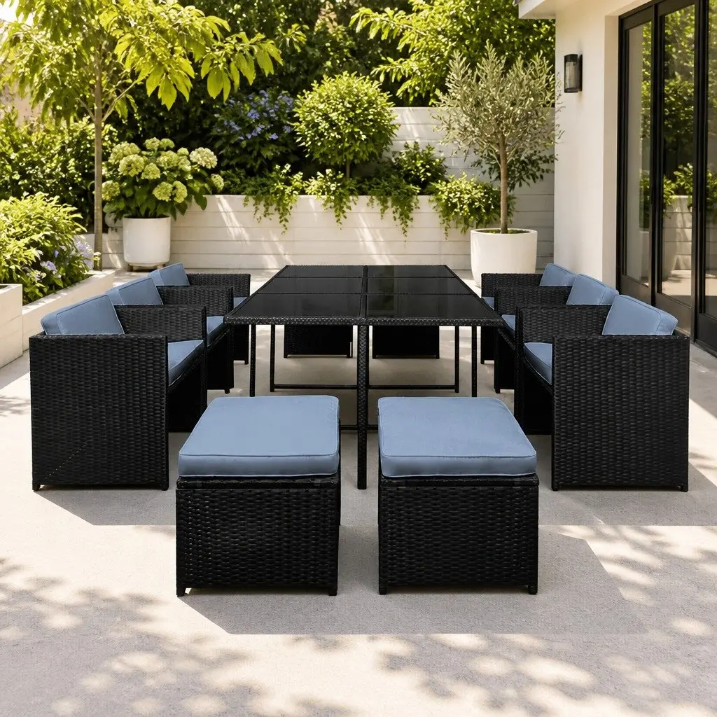 Outdoor Dining Set Wicker 11 Piece Black Grey