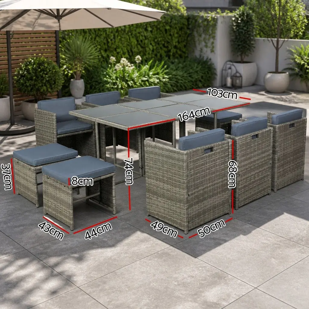 11-Piece Outdoor Wicker Dining Set with Grey Cushions