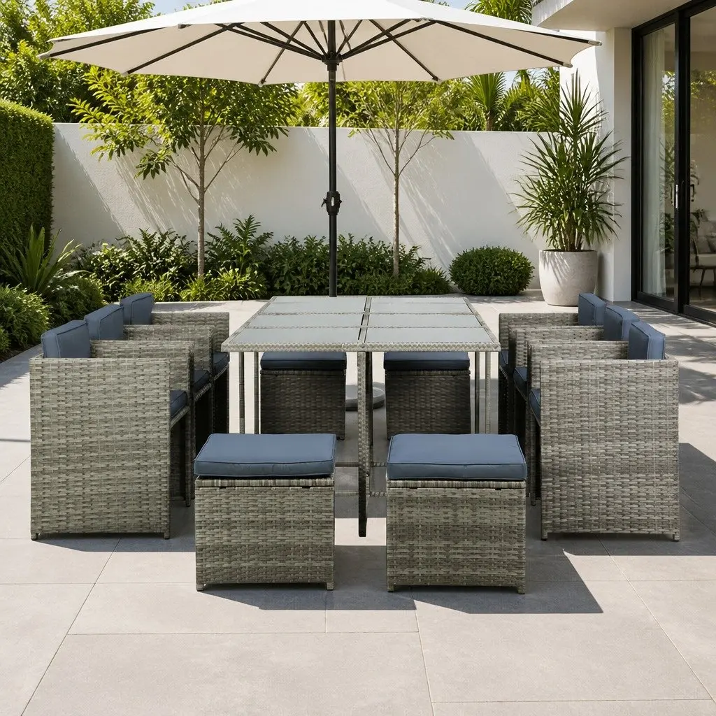 11-Piece Outdoor Wicker Dining Set with Grey Cushions