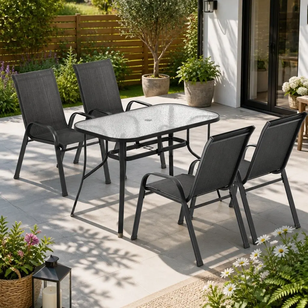 5 Piece Patio Dining Set Glass Table Stackable Chairs Black Steel Frame Outdoor