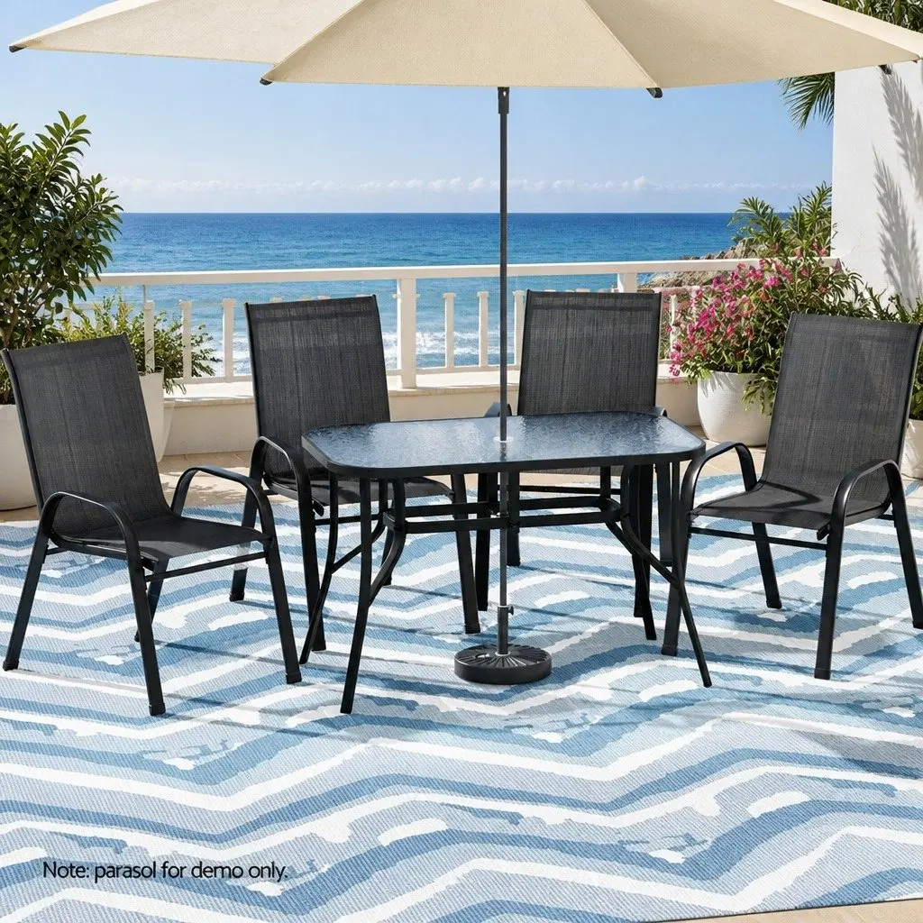 5 Piece Patio Dining Set Glass Table Stackable Chairs Black Steel Frame Outdoor