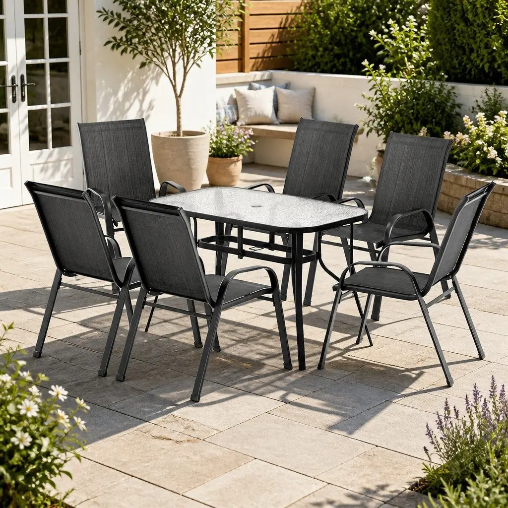 7 Piece Outdoor Dining Set with Glass Table