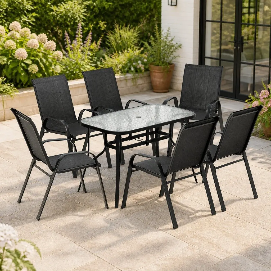7 Piece Outdoor Dining Set Glass Table Steel Frame Stackable Chairs Synthetic Fabric Black