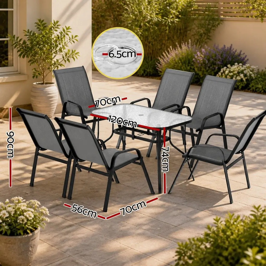 7 Piece Outdoor Dining Set Tempered Glass Table Steel Frame Stackable Chairs Grey Black