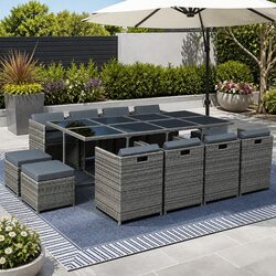 13-Piece Grey Wicker Outdoor Dining Set with Table and Chairs