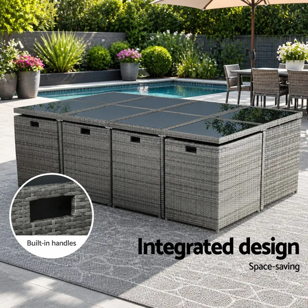 Outdoor Dining Set Wicker 13 Piece Grey Aluminium Table Chairs Ottomans