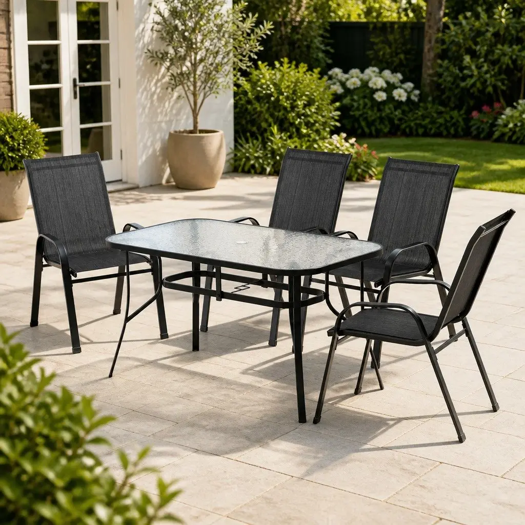 5 Piece Outdoor Dining Set with Black Steel Frame
