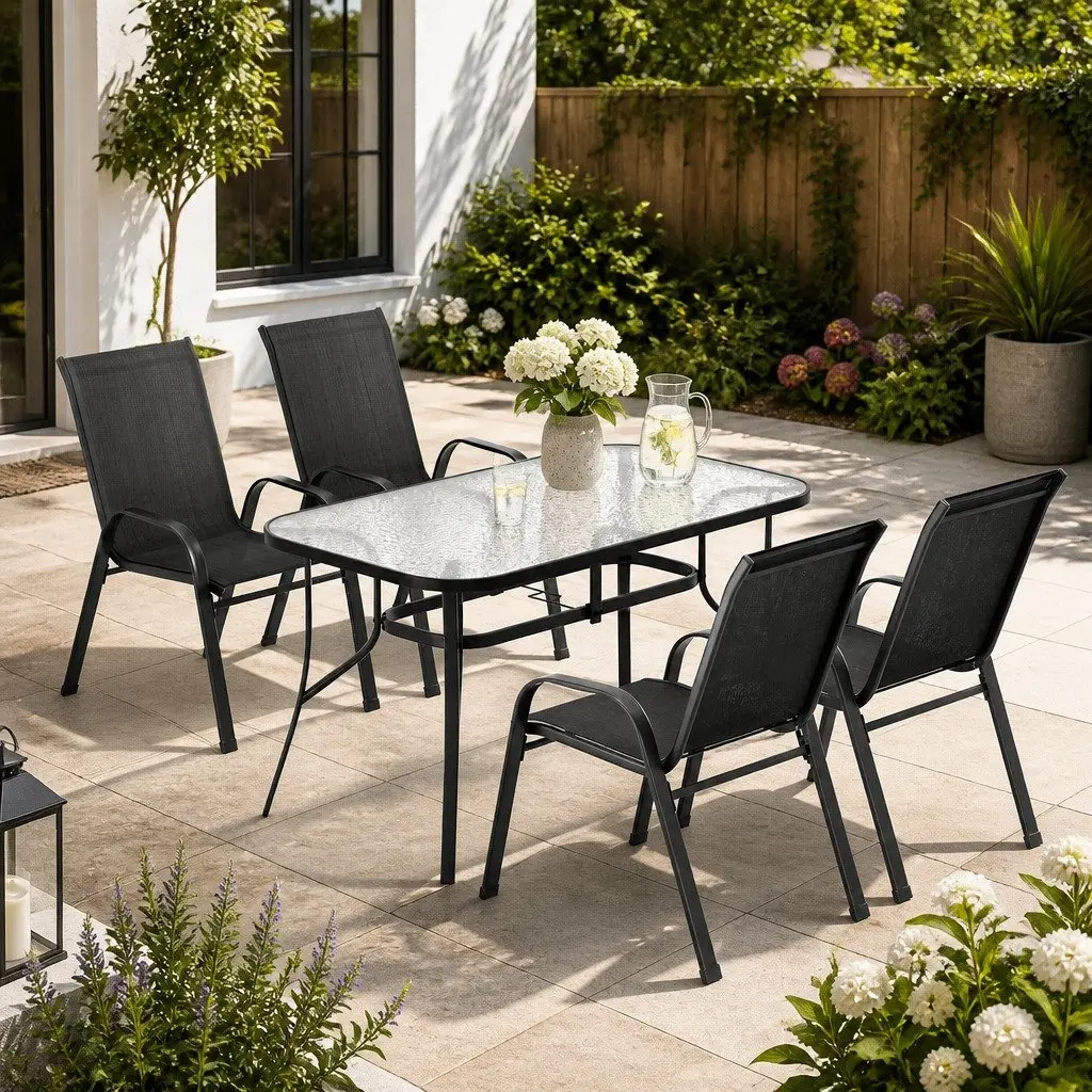 Outdoor Dining Set Steel Frame Tempered Glass Table Stackable Chairs Black 5 Piece