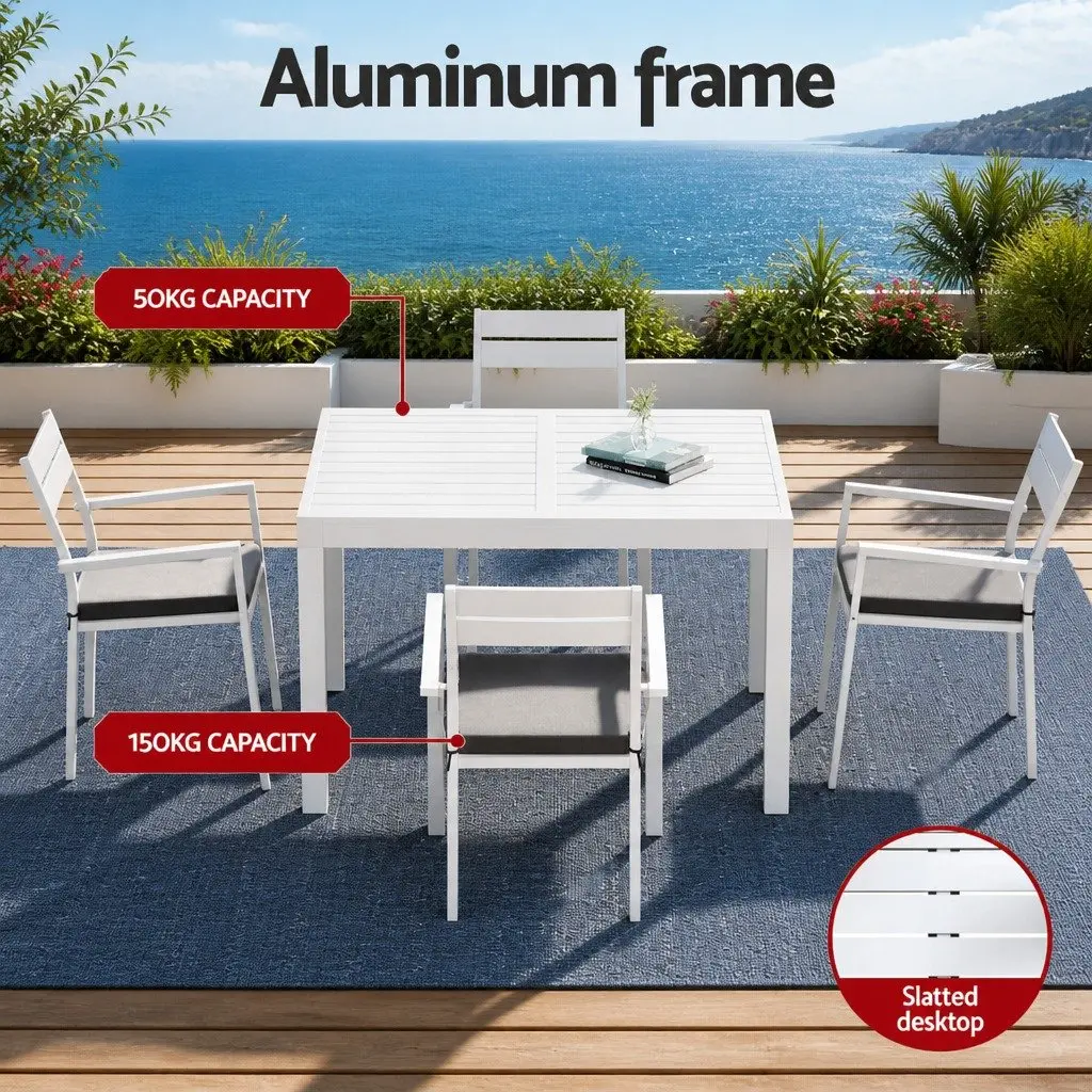Outdoor Dining Set Aluminium 5 Piece Extendable Table White Grey Cushions