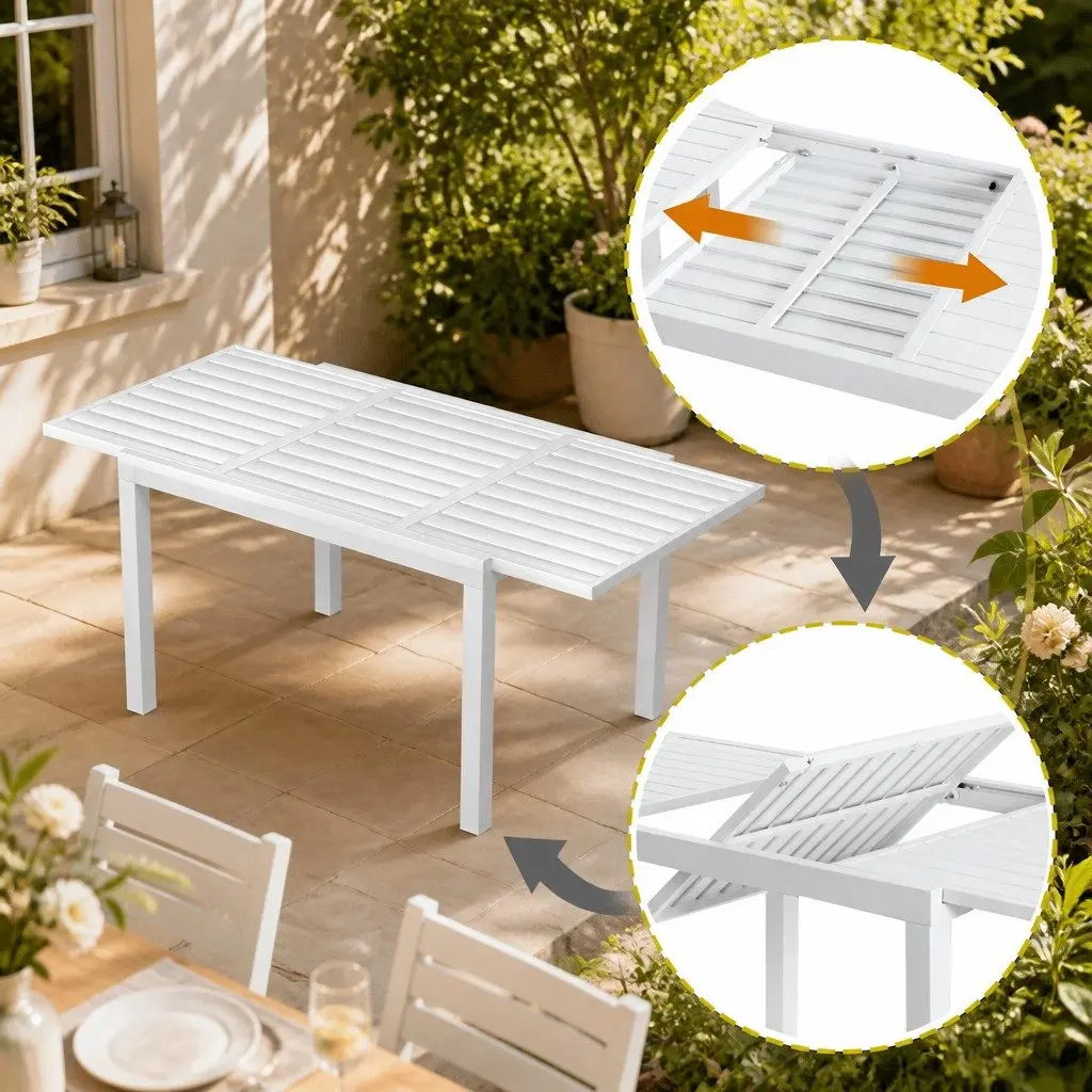 Outdoor Dining Set Aluminium 5 Piece Extendable Table White Grey Cushions