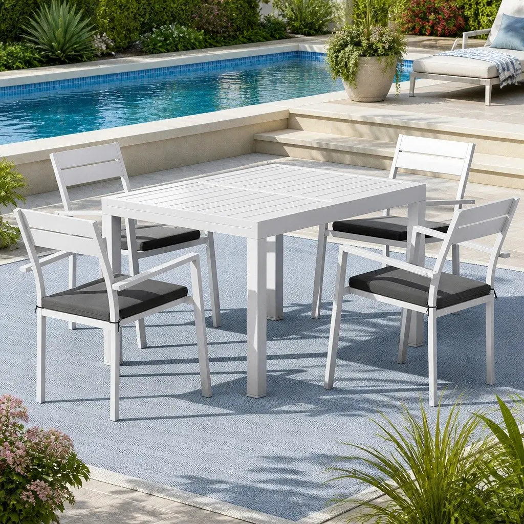 Outdoor Dining Set Aluminium 5 Piece Extendable Table White Grey Cushions