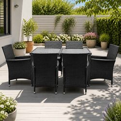 7-Piece Black Wicker Outdoor Dining Set with Cushions