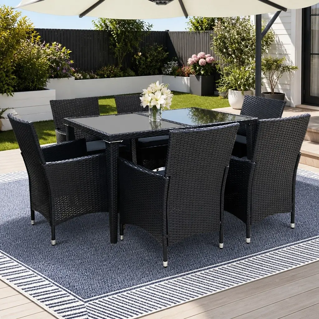 7-Piece Black Wicker Outdoor Dining Set with Cushions