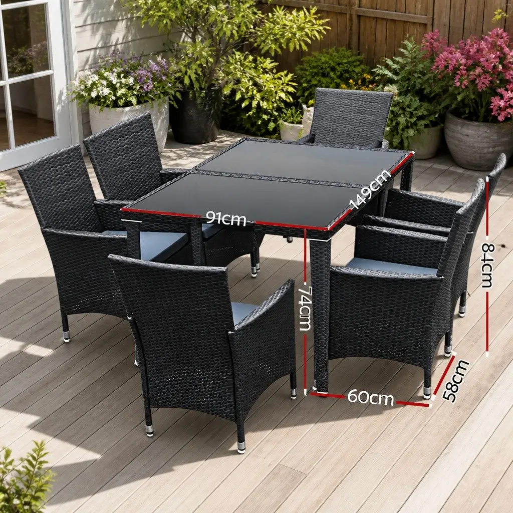 7-Piece Black Wicker Outdoor Dining Set with Cushions