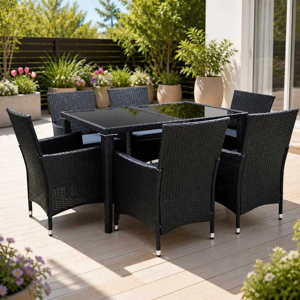 7-Piece Black Wicker Outdoor Dining Set with Cushions