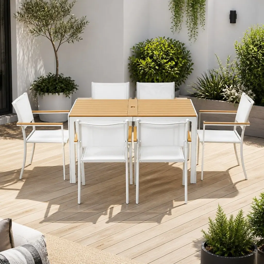 7-Piece Outdoor Dining Set with 6 Chairs in White