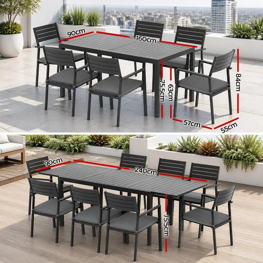 Outdoor Dining Set Aluminium Extendable Table 9 Piece Black Grey