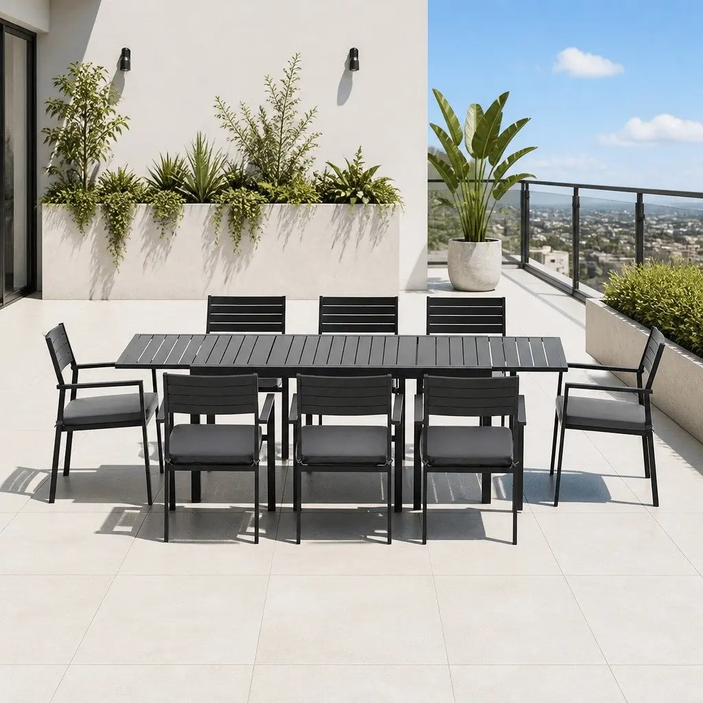 Outdoor Dining Set Aluminium Extendable Table 9 Piece Black Grey