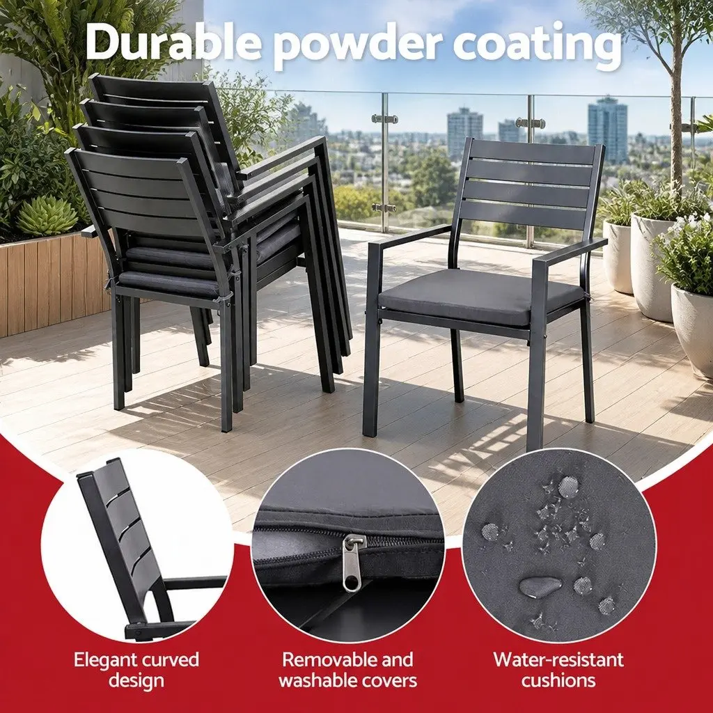 Outdoor Dining Set Aluminium Extendable Table 9 Piece Black Grey