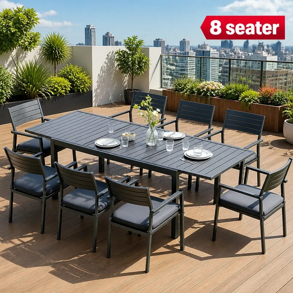 Outdoor Dining Set Aluminium Extendable Table 9 Piece Black Grey