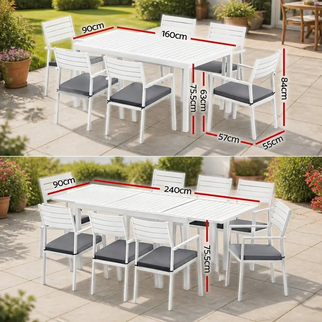 Outdoor Dining Set Aluminium Extendable Table White 9 Piece with Grey Cushions