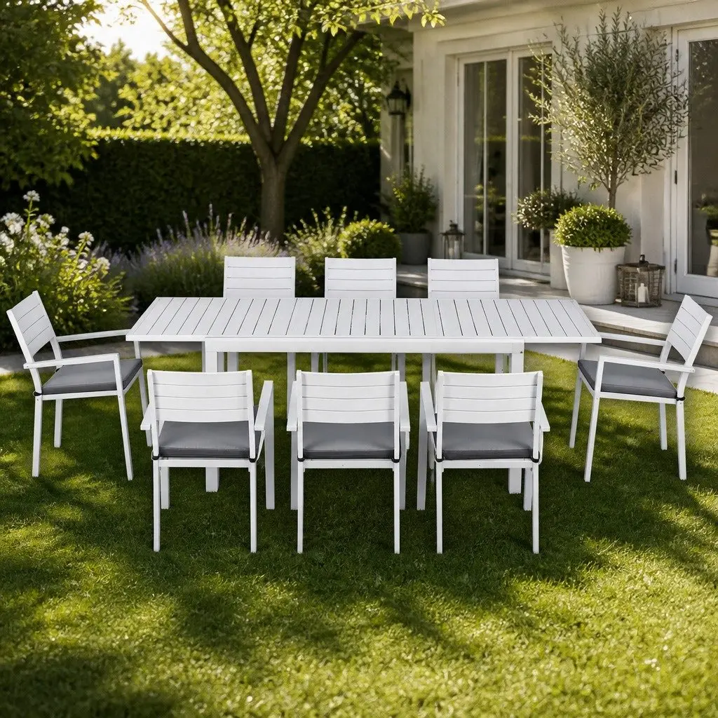 Outdoor Dining Set Aluminium Extendable Table White 9 Piece with Grey Cushions