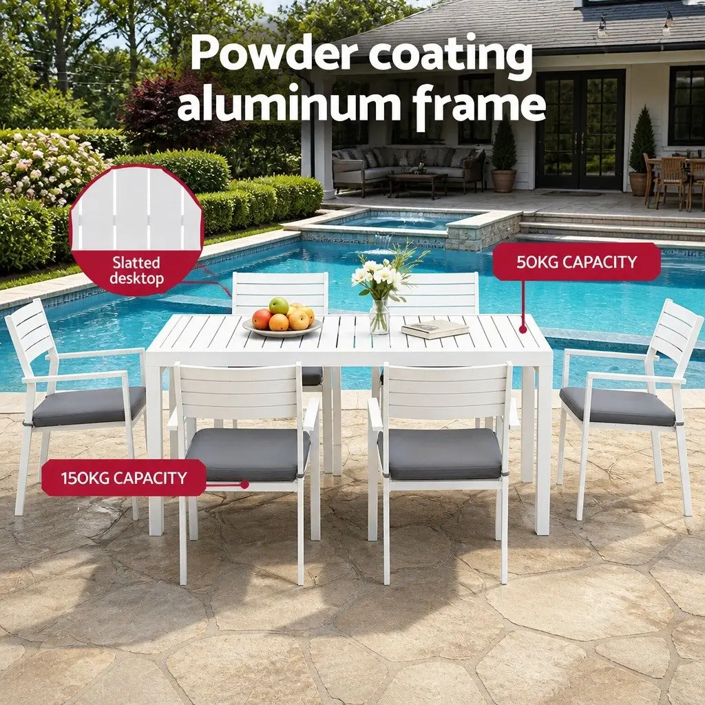 Outdoor Dining Set Aluminium Extendable Table White 9 Piece with Grey Cushions