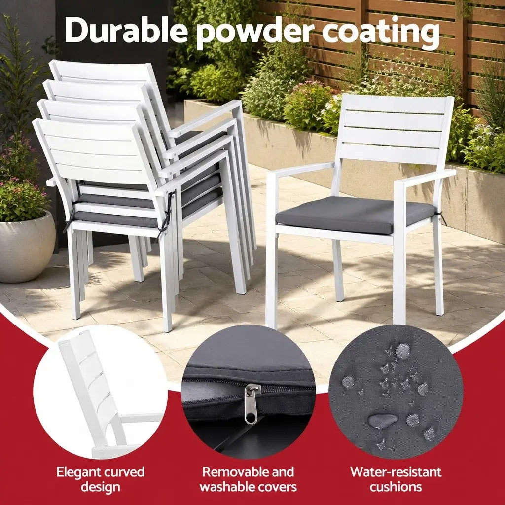 Outdoor Dining Set Aluminium Extendable Table White 9 Piece with Grey Cushions