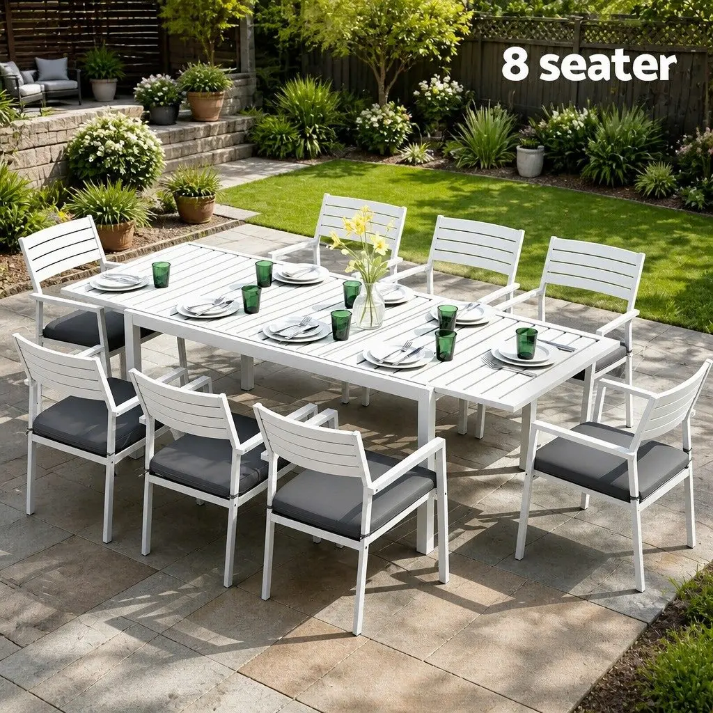 Outdoor Dining Set Aluminium Extendable Table White 9 Piece with Grey Cushions