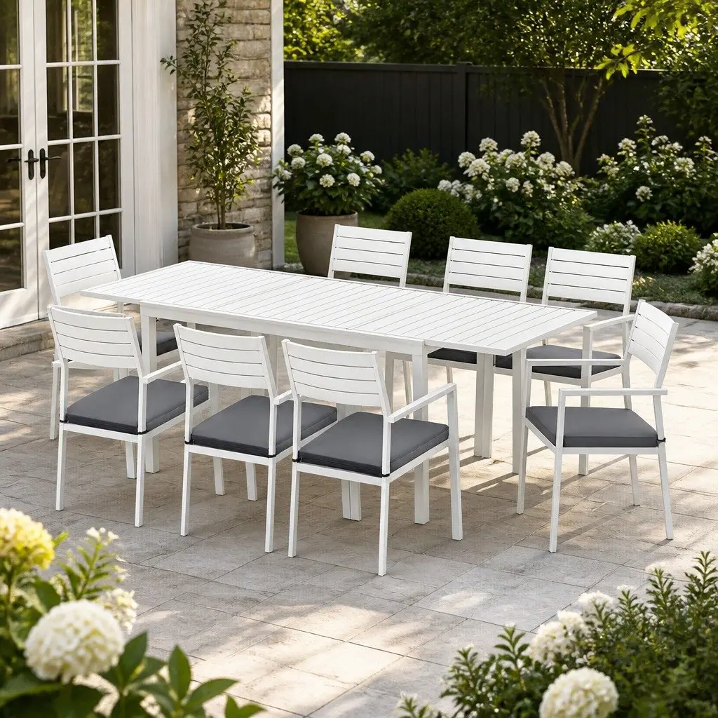 Outdoor Dining Set Aluminium Extendable Table White 9 Piece with Grey Cushions