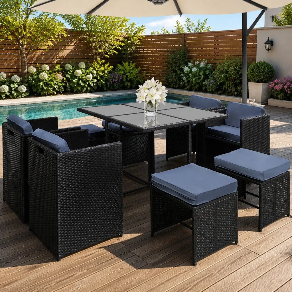 Outdoor Dining Set Wicker Steel 9 Piece Black Grey for 8 Seaters