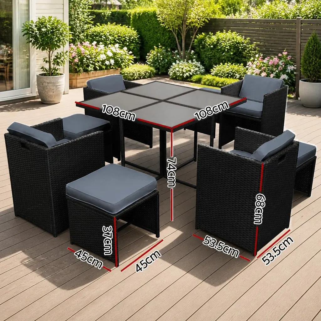Outdoor Dining Set Wicker Steel 9 Piece Black Grey for 8 Seaters