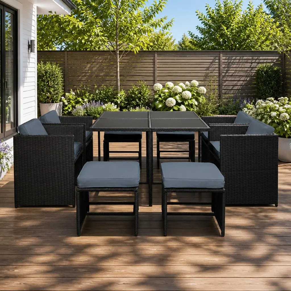 Outdoor Dining Set Wicker Steel 9 Piece Black Grey for 8 Seaters