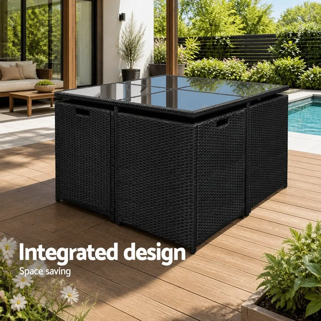 Outdoor Dining Set Wicker Steel 9 Piece Black Grey for 8 Seaters