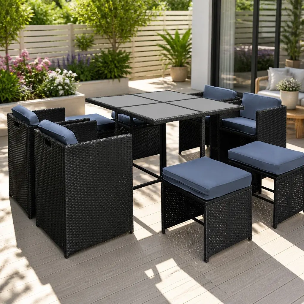 Outdoor Dining Set Wicker Steel 9 Piece Black Grey for 8 Seaters