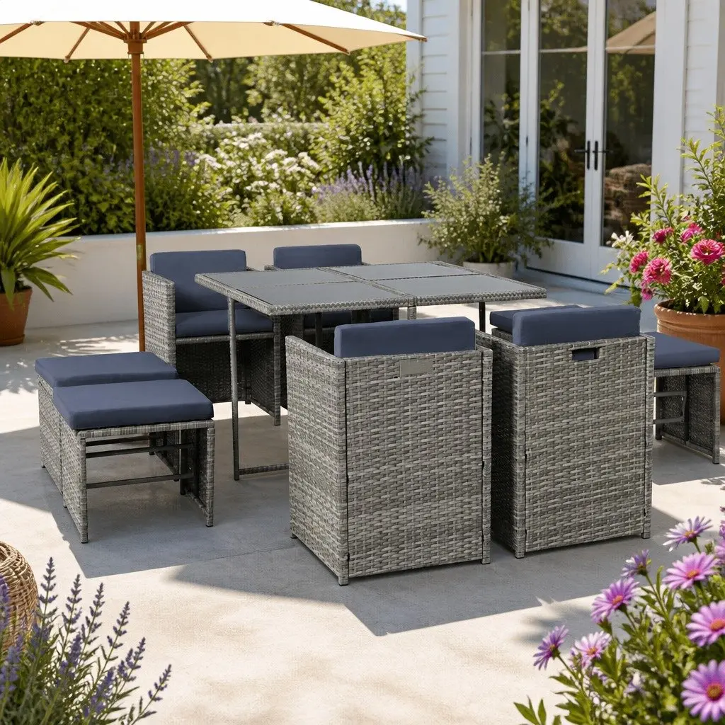 9-Piece Wicker Outdoor Dining Set with Storage Cover